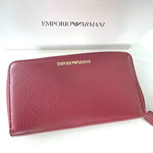 Emporio Armani Red Leather Zip Around Wallet Unisex Cervo Pebbled Organizer